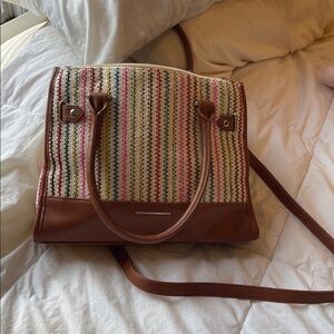 Cambodian faux Leather Trim woven Multicolored, pockets Shoulder purse Boho Bag